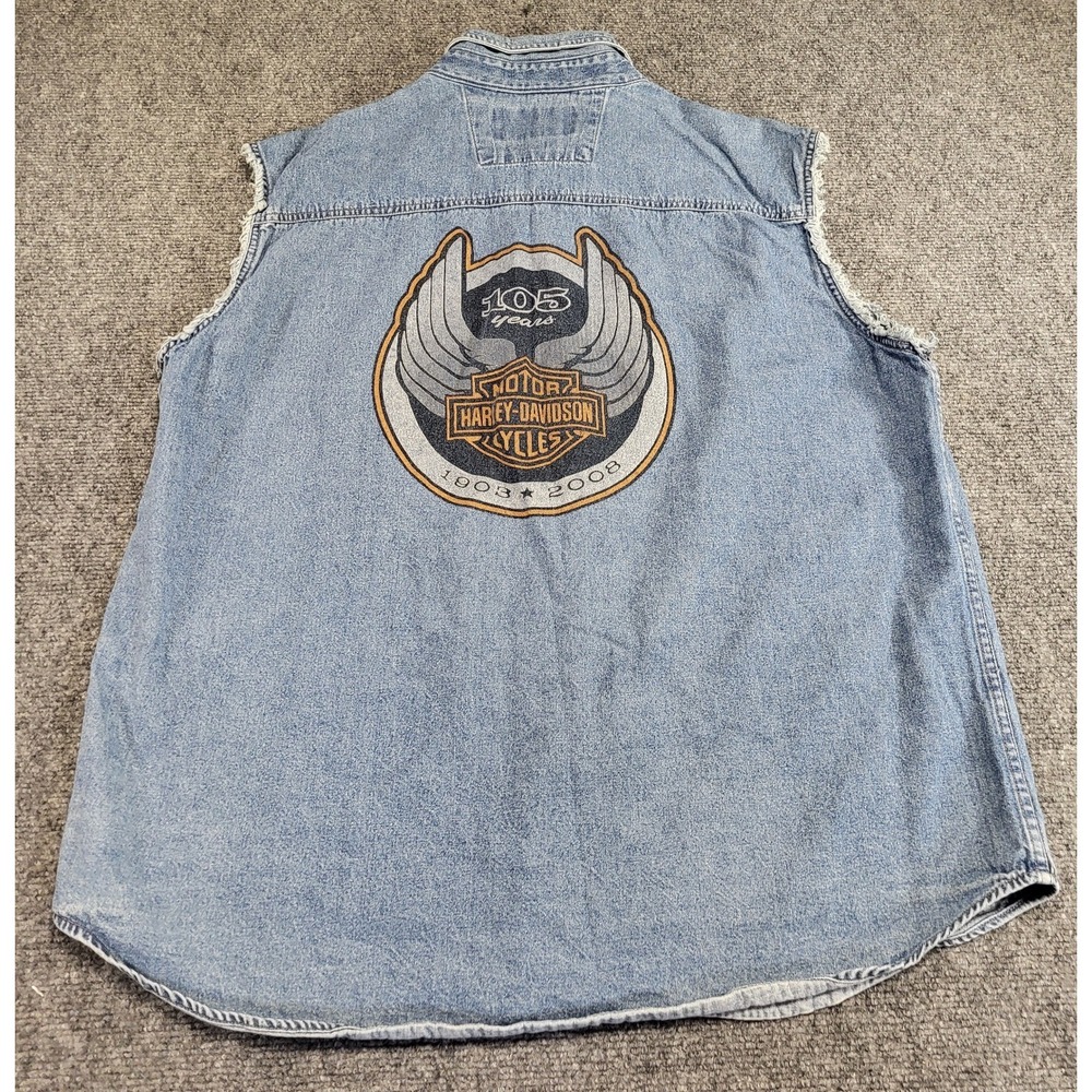 105th Anniversary Harley Davidson Denim Button Front Top Vest Mens XL 2008 Biker - Picture 10 of 16